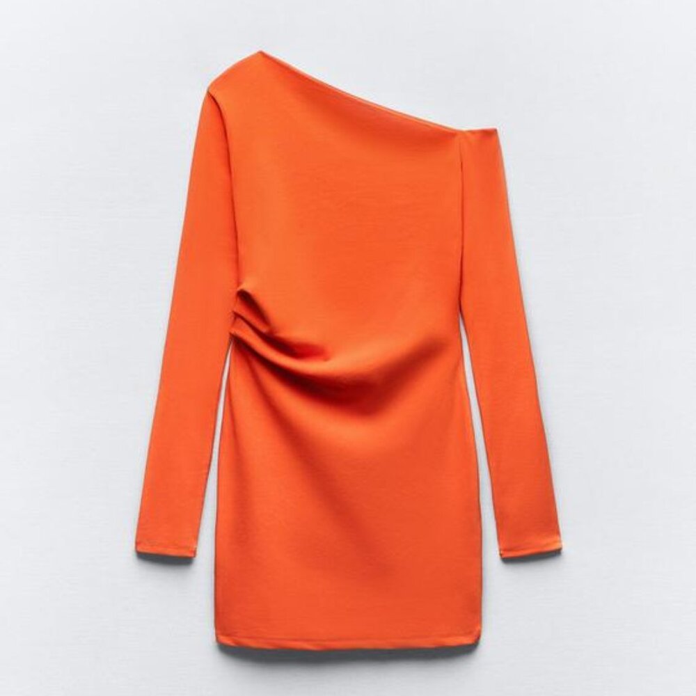 NWT BRIGHT ORANGE DRAPED ASYMMETRIC MINI DRESS - Picture 3 of 7